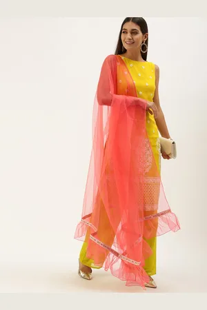 Ethnovog Women Yellow Embroidered Regular Thread Work Kurta with Palazzos With Dupatta