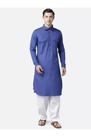 See Designs Men Blue Pleated Pure Cotton Kurta with Salwar