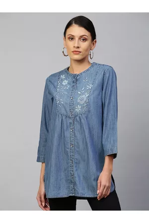 Chemistry Blue Floral Embroidered Denim Shirt Style Top