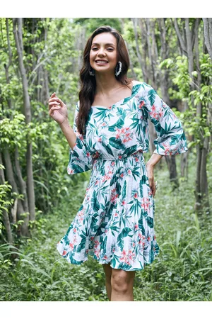 ATHENA White & Green Floral Crepe Blouson Dress