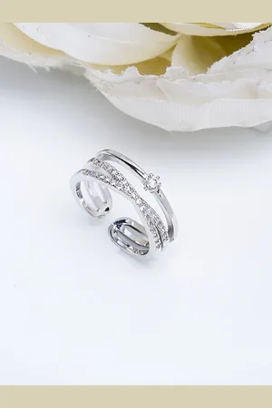 Shining Diva Women Rhodium-Plated Silver-Toned White CZ-Studded Adjustable Finger Ring