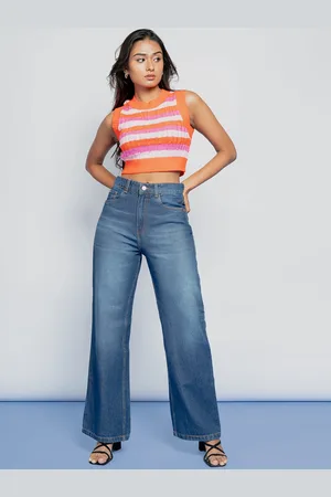 FREAKINS Women Stylish Blue High-Rise Wide Leg Fit Cropped Jeans