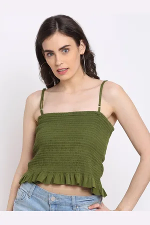 NEUDIS Women Olive Green Smocked Crop Top