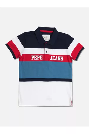 Pepe Jeans Boys Blue & White Colourblocked Polo Collar T-shirt