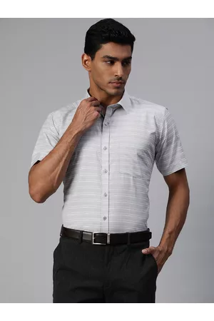 MANQ Men Grey & White Smart Regular Fit Horizontal Stripes Formal Shirt