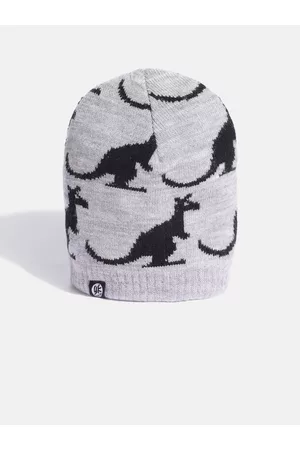 YK Kids Grey Melange & Black Kangaroo Self-Design Beanie