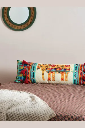 Chumbak Off White & Yellow Kutch Embroidered Pillow Cover