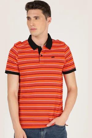 Lee Men Orange & Black Striped Polo Collar Slim Fit Cotton T-shirt
