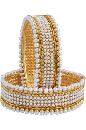 Jewels Galaxy Pack Of 2 Gold-Plated White Stone Studded & Beaded Bangles