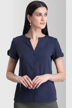 FableStreet Women Navy Blue Solid Shirt Style Top