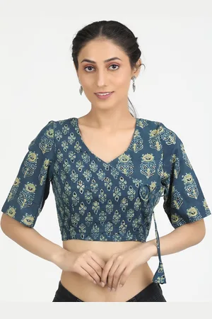 Llajja Women Turquoise Blue Printed Cotton Saree Blouse