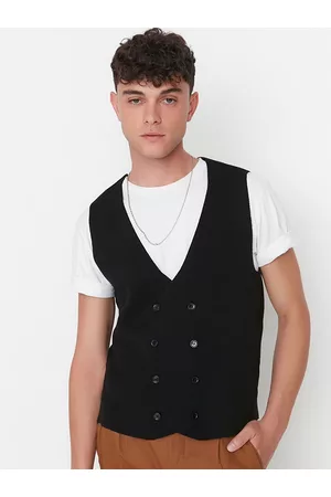 Trendyol Men Black Solid Double Breasted Woven Waistcoat