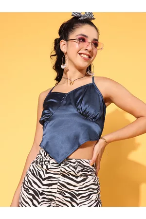 Antheaa Blue Satin Crop Top