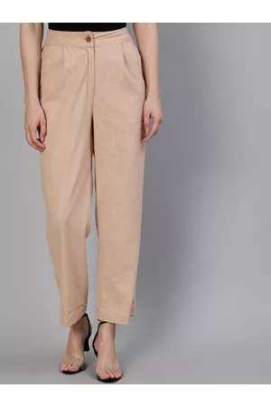 Jaipur Women Tan Straight Fit High-Rise Pleated Trousers