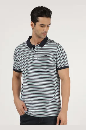 Lee Men White Striped Polo Collar Applique Slim Fit Cotton T-shirt