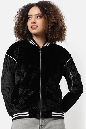 Campus Women Black Solid Windcheater Regular Fit Cotton Bomber Jacket