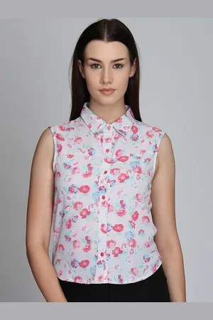 DODO & MOA Women White & Blue Floral Print Shirt Style Crop Top