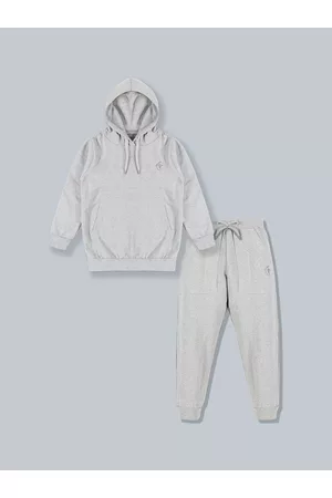 KiddoPanti Unisex Kids Grey Melange Solid Hooded Tracksuits