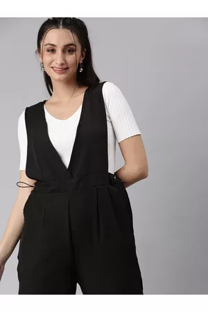 SHOWOFF Women Black & White Solid V-Neck Polyester Culotte Jumpsuit