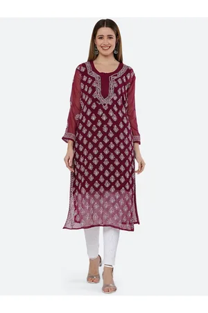 FAWOMENT Women Maroon Ethnic Motifs Embroidered Chikankari Georgette Kurta
