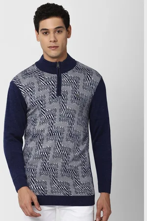 Peter England Men Navy Blue & Grey Printed Pullover