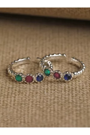 CLARA Silver-Toned Red & Blue CZ-Studded Toe Rings