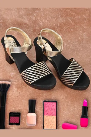Jove Gold-Toned & Black Striped Leather Block Heels