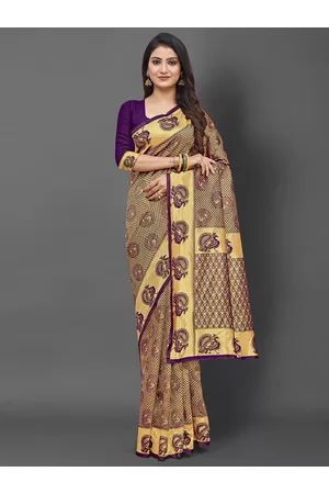 Kalini Purple & Gold-Toned Ethnic Motifs Zari Silk Blend Banarasi Saree