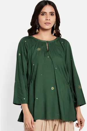 Fabindia Green Embellished Embroidered Keyhole Modal Neck Top