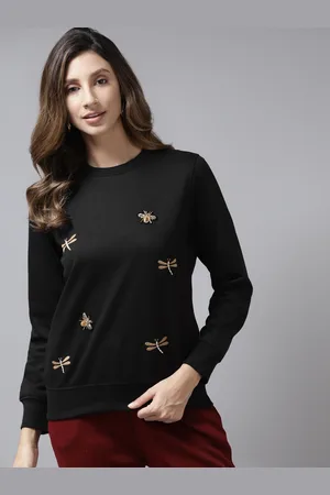 Cayman Women Black Solid Solid Applique Sweatshirt