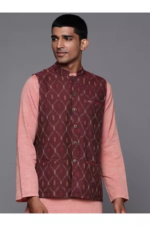 Fabindia Men Maroon & White Woven Design Nehru Jacket