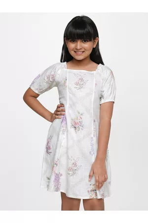 AND Girls White Floral Linen A-Line Dress