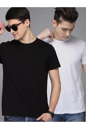 Free Authority Men Pack Of 2 Black & White Solid Pure Cotton T-shirt