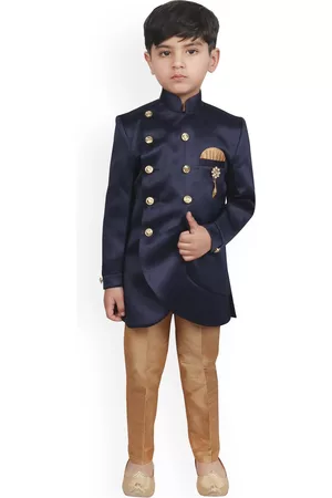 SG Boys Navy Blue Solid Sherwani Set