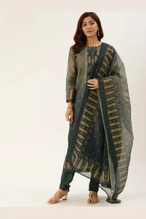 Shaily Retails Green & Beige Silk Blend Unstitched Dress Material