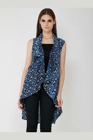 Cation Women Navy Blue Printed Open Front Shrug