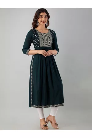 Charu Women Teal Geometric Yoke Design Thread Work Anarkali Kurta