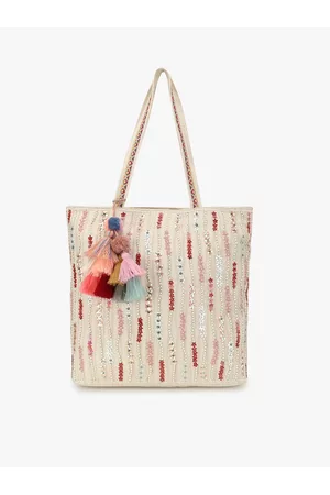Anekaant Off White Floral Embellished Shopper Tote Bag with Tasselled