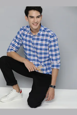 Mast & Harbour Men Blue & White Checked Cotton Linen Casual Shirt