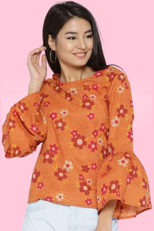 Sera Women Orange & Pink Floral Printed Pure Cotton Regular Top