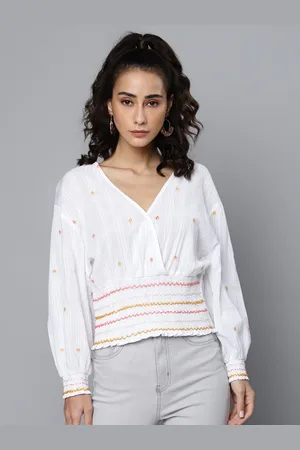 Scouph White Pure Cotton Embroidered Dobby Bohemian Wrap Top