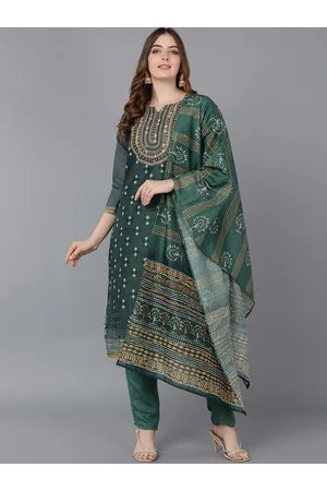 Bani Women Green Ethnic Motifs Yoke Design Chanderi Cotton Kurta with Trousers & With Dupatta