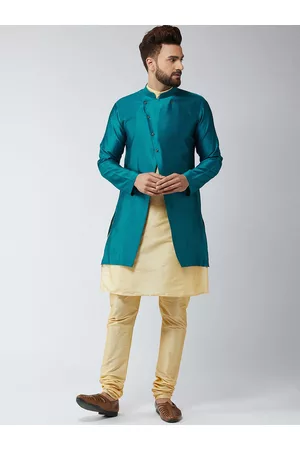 SOJANYA Men Gold-Toned & Peacock Blue Self Design Sherwani Set