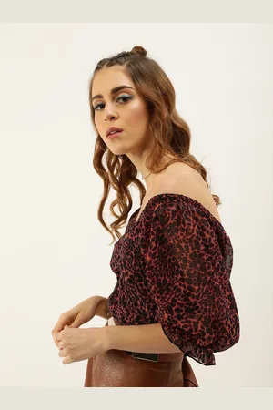 Antheaa Red & Black Animal Print Fitted Crop Top with Smocking Detail