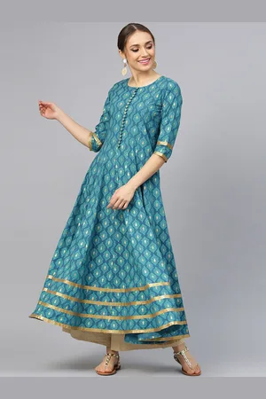 IDALIA Women Turquoise Blue & Gold-Coloured Ethnic Motifs Printed Anarkali Kurta