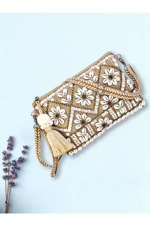 Anekaant Women Beige Ethnic Motifs Embellished Structured Sling Bag with Tasselled