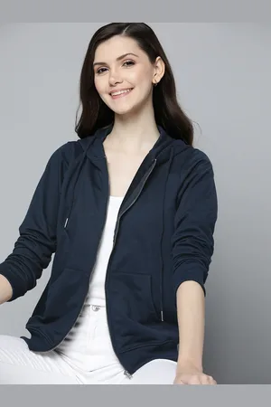 Mast & Harbour Women Navy Blue Solid Hooded Sweatshirt