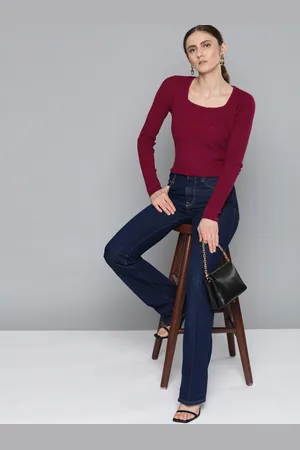 Chemistry Women Maroon Square Neck Ribbed Pullover