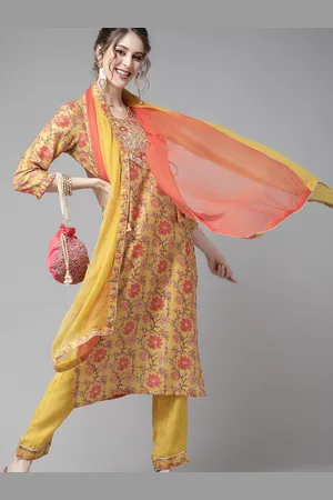 Ishin Women Mustard & Orange Printed Kurta with Trousers & Dupatta