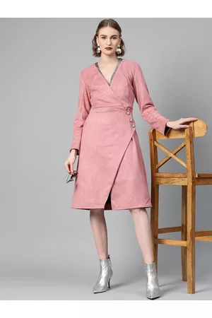 ATHENA Women Dusty Pink Suede Finish Solid Wrap Coat